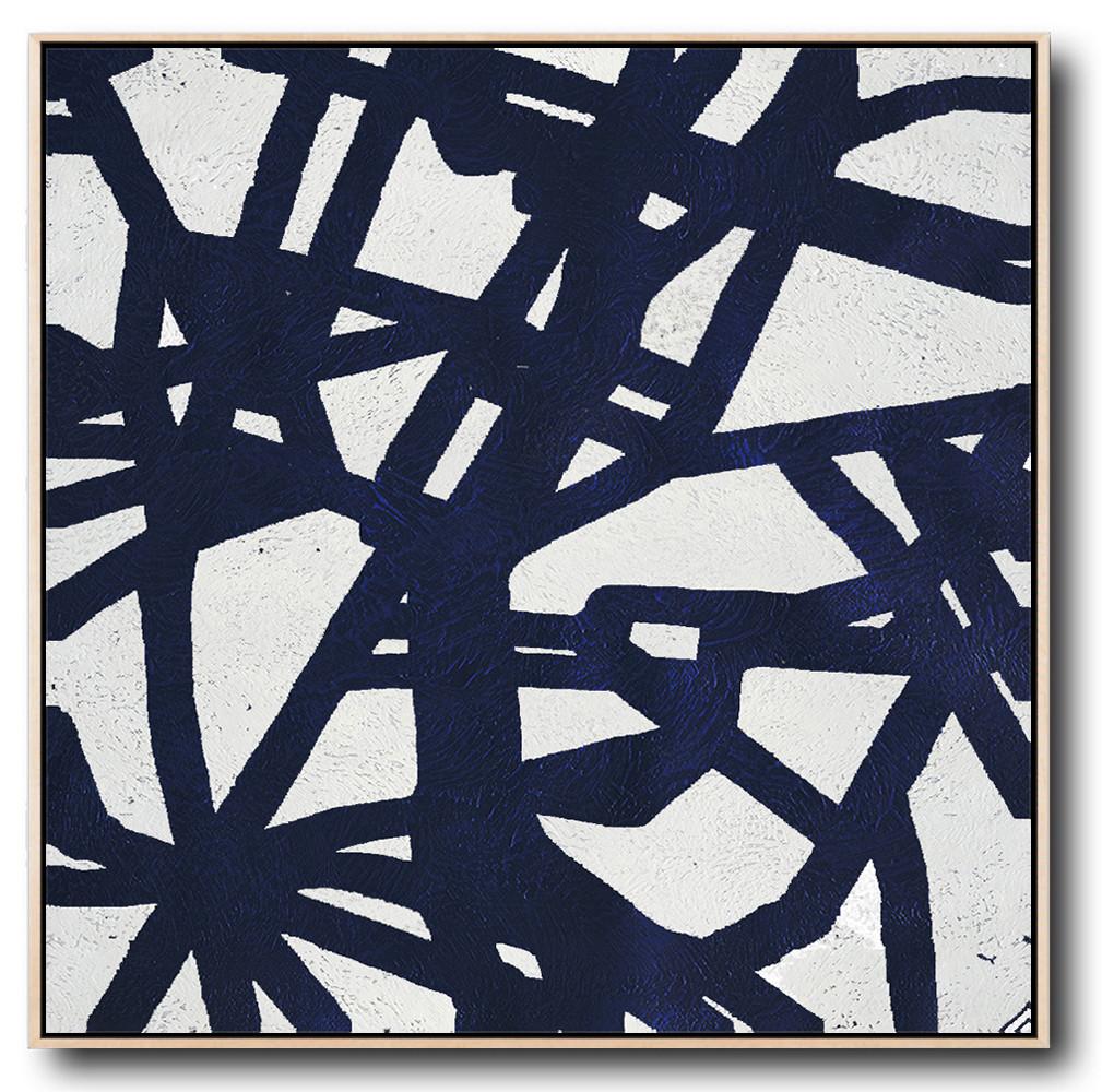 Minimalist Navy Blue And White Painting - Abstract Canvas Large